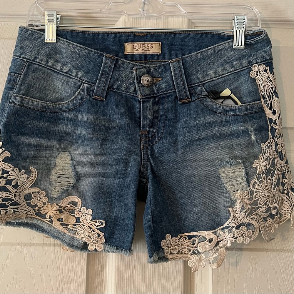 GUESS Women's Blue Denim Shorts with Lace Detail